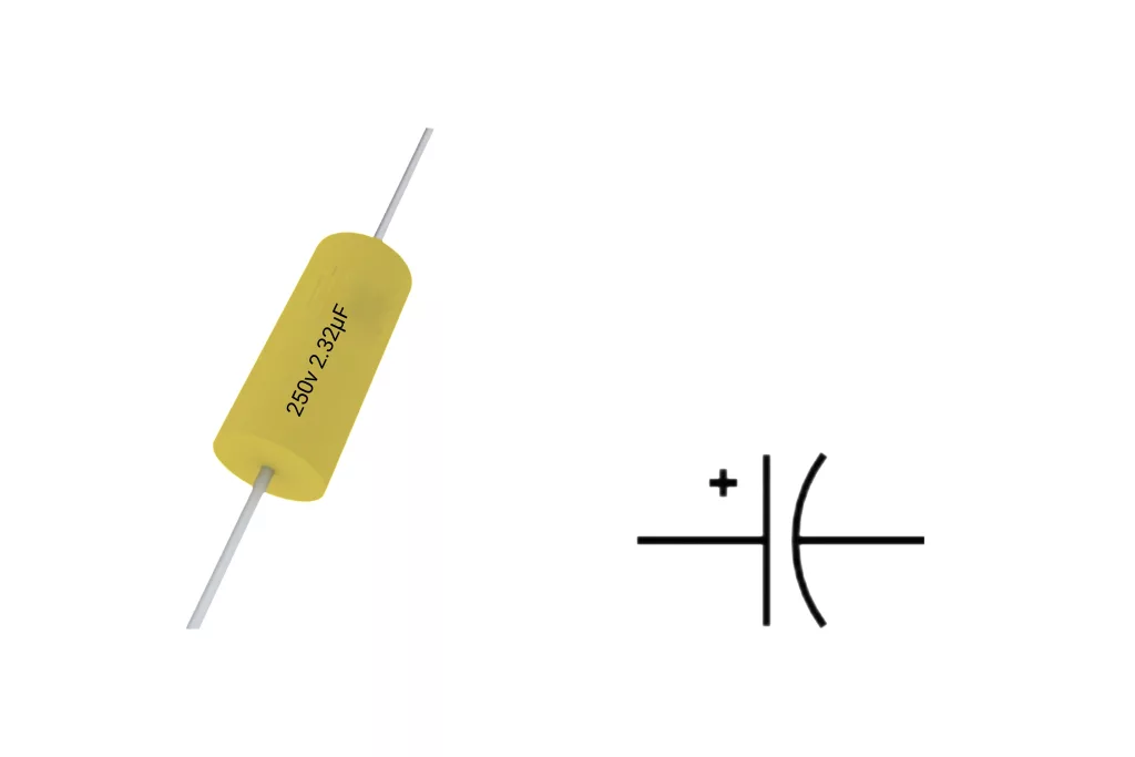 An electrolytic capacitor with tantalum capacitor markings and tantalum capacitor symbol