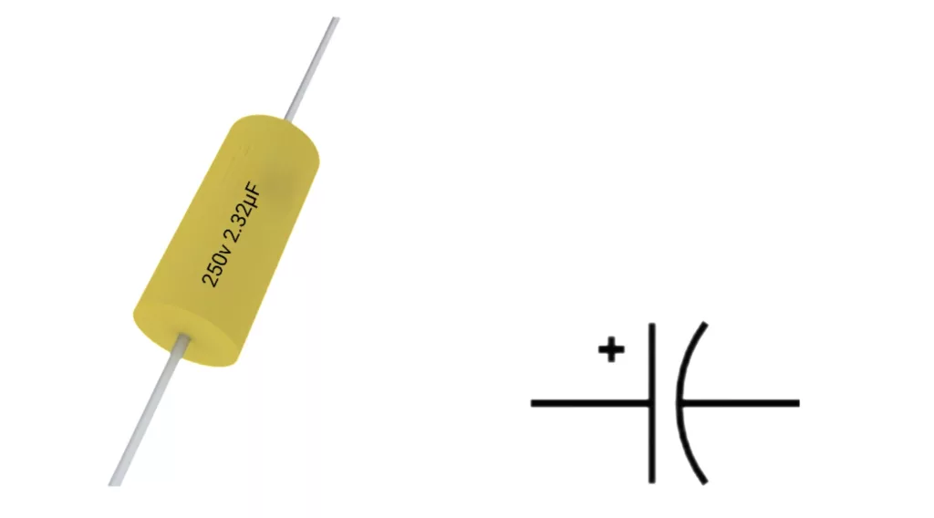 Figure shows a tantalum capacitor and its correspondingsymbol